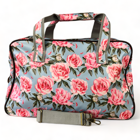 Cotton Road Travel Bag: BLUE PVC Overnight Travel Bag with PINK ROSES