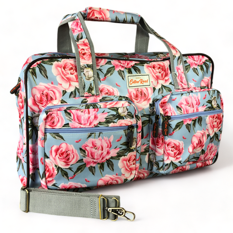 Cotton Road Travel Bag: BLUE PVC Overnight Travel Bag with PINK ROSES