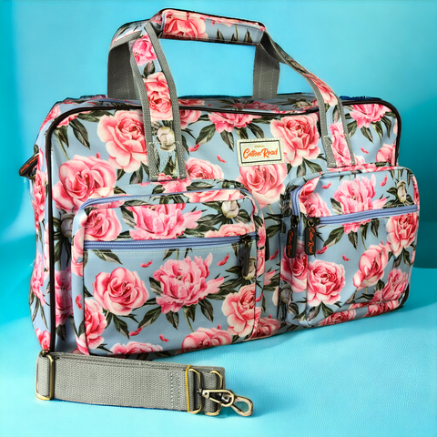 Cotton Road Travel Bag: BLUE PVC Overnight Travel Bag with PINK ROSES