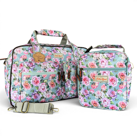 Cotton Road Travel Bag: Blue Floral PVC Overnight with Matching Cooler Vanity