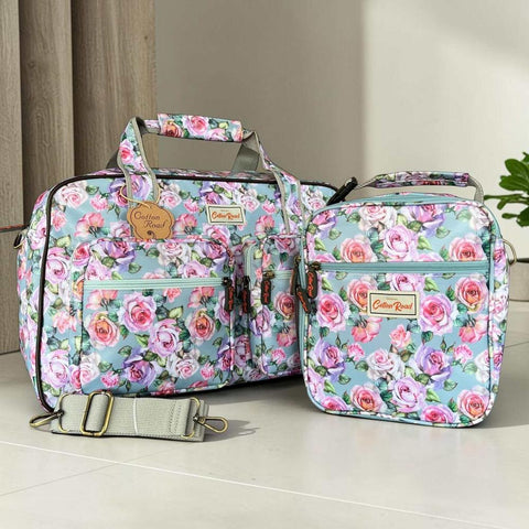 Cotton Road Travel Bag: Blue Floral PVC Overnight with Matching Cooler Vanity