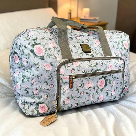 Cotton Road Travel Bag: GREY FLORAL PVC Foldaway WEEKENDER Travel Bag with ROSES