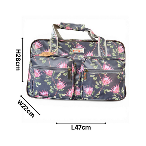 Cotton Road Travel Bag: GREY PVC Overnight with PROTEAS and Matching Vanity Bag