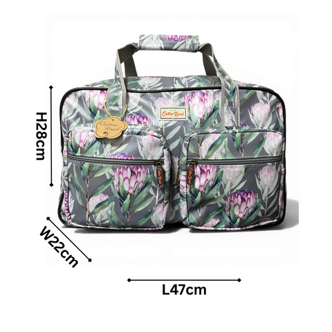 Cotton Road Travel Bag: GREY PVC Overnight with PROTEAS and Matching Vanity Bag
