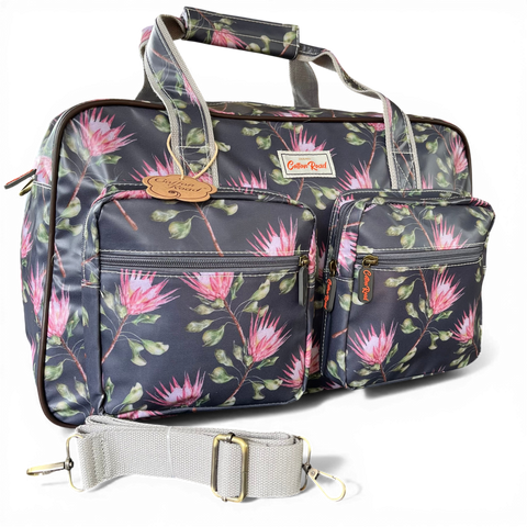 Cotton Road Travel Bag: GREY PVC Overnight with PROTEAS and Matching Vanity Bag