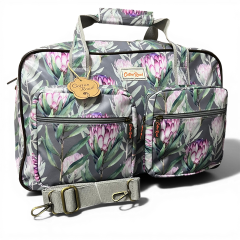 Cotton Road Travel Bag: GREY PVC Overnight with PROTEAS and Matching Vanity Bag