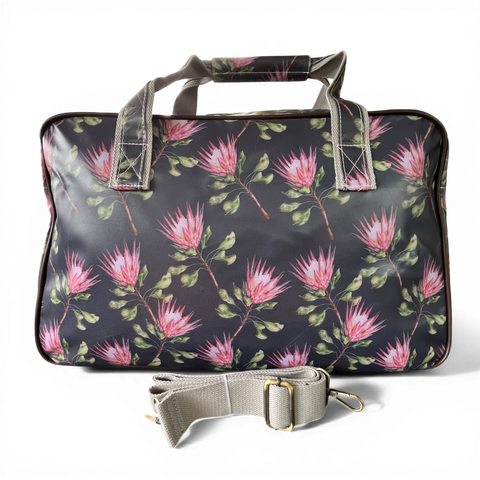 Cotton Road Travel Bag: GREY PVC Overnight with PROTEAS and Matching Vanity Bag
