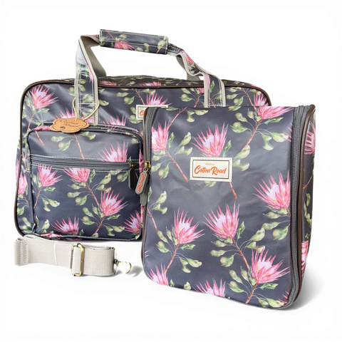 Cotton Road Travel Bag: GREY PVC Overnight with PROTEAS and Matching Vanity Bag