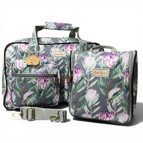 Cotton Road Travel Bag: GREY PVC Overnight with PROTEAS and Matching Vanity Bag