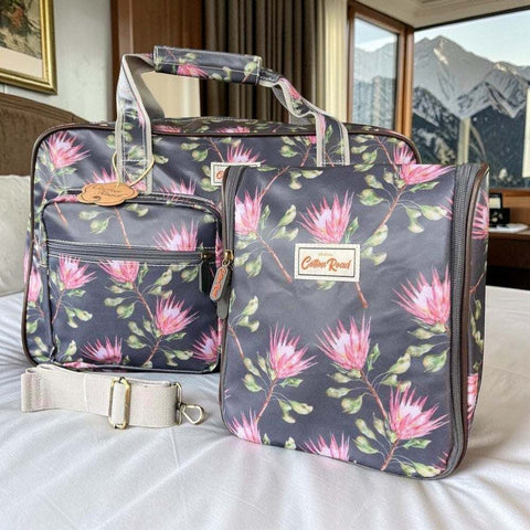 Cotton Road Travel Bag: GREY PVC Overnight with PROTEAS and Matching Vanity Bag