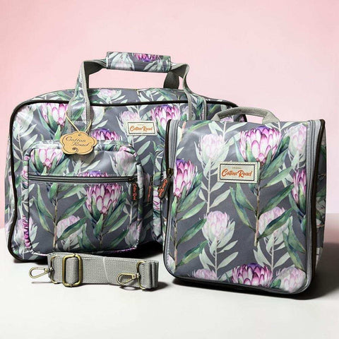 Cotton Road Travel Bag: GREY PVC Overnight with PROTEAS and Matching Vanity Bag