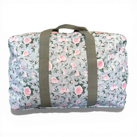 Cotton Road Travel Bag: GREY ROSE Print PVC Foldaway WEEKENDER Bag with Matching Vanity Bag