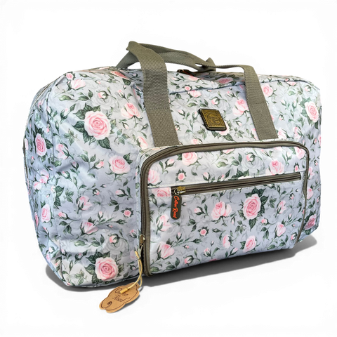 Cotton Road Travel Bag: GREY ROSE Print PVC Foldaway WEEKENDER Bag with Matching Vanity Bag