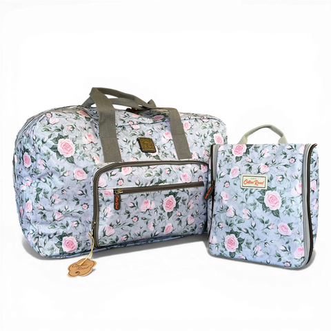 Cotton Road Travel Bag: GREY ROSE Print PVC Foldaway WEEKENDER Bag with Matching Vanity Bag