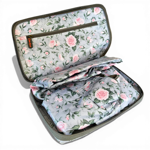 Cotton Road Travel Bag: GREY ROSE Print PVC Foldaway WEEKENDER Bag with Matching Vanity Bag