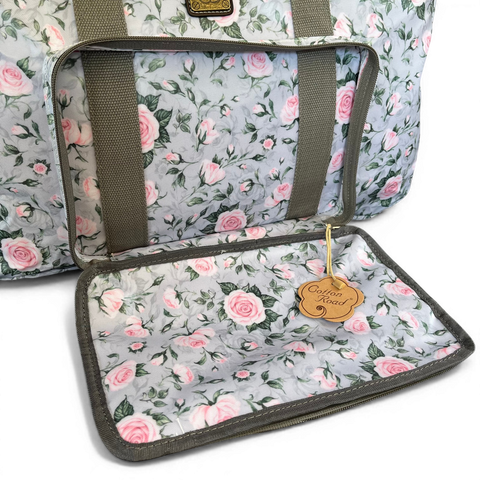Cotton Road Travel Bag: GREY ROSE Print PVC Foldaway WEEKENDER Bag with Matching Vanity Bag