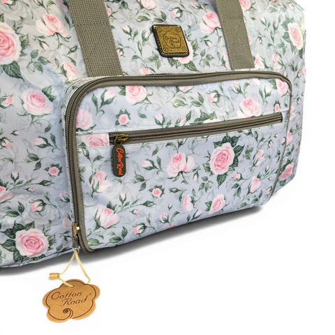 Cotton Road Travel Bag: GREY ROSE Print PVC Foldaway WEEKENDER Bag with Matching Vanity Bag