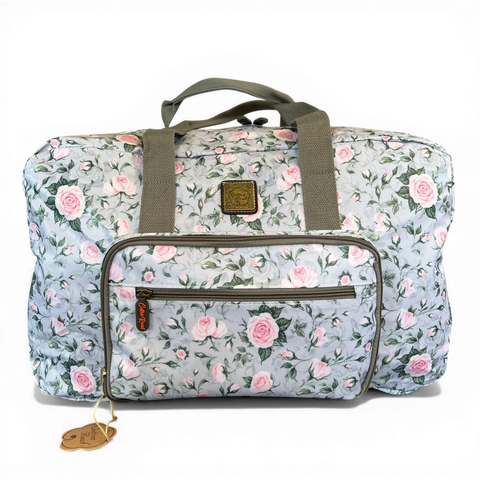 Cotton Road Travel Bag: GREY ROSE Print PVC Foldaway WEEKENDER Bag with Matching Vanity Bag