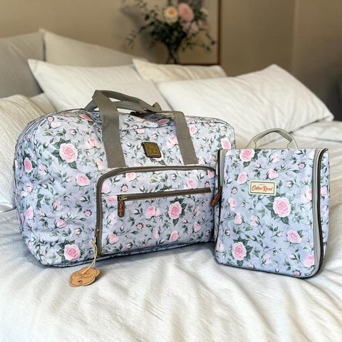 Cotton Road Travel Bag: GREY ROSE Print PVC Foldaway WEEKENDER Bag with Matching Vanity Bag