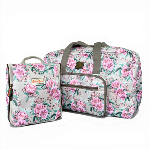 Cotton Road Travel Bag: MINT GREEN FLORAL PVC Foldaway WEEKENDER with Matching Vanity Bag Set