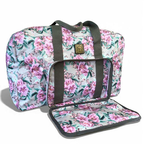 Cotton Road Travel Bag: MINT GREEN FLORAL PVC Foldaway WEEKENDER with Matching Vanity Bag Set