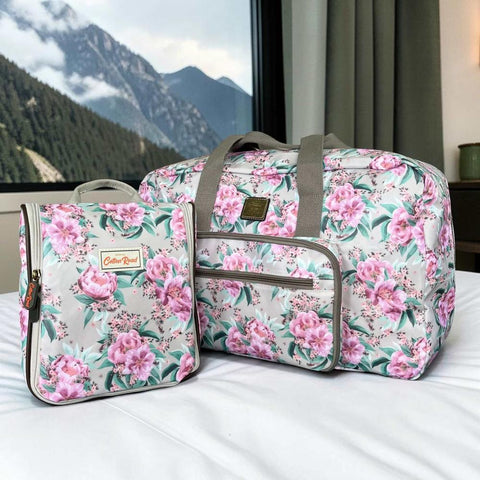 Cotton Road Travel Bag: MINT GREEN FLORAL PVC Foldaway WEEKENDER with Matching Vanity Bag Set
