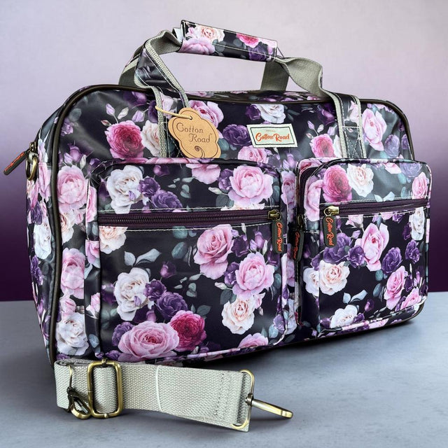 Cotton Road Travel Bag: PURPLE PVC Overnight with ROSE Design