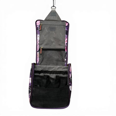 Cotton Road Travel Bag: PURPLE PVC Overnight with ROSES and Matching Vanity Bag