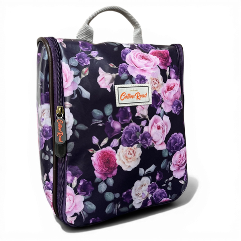 Cotton Road Travel Bag: PURPLE PVC Overnight with ROSES and Matching Vanity Bag