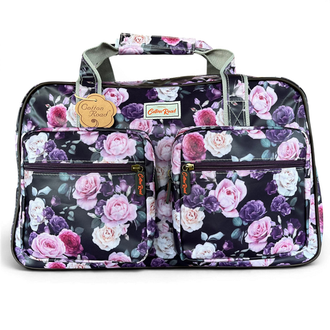 Cotton Road Travel Bag: PURPLE PVC Overnight with ROSE Design