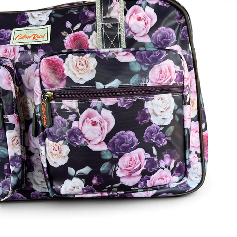 Cotton Road Travel Bag: PURPLE PVC Overnight with ROSE Design