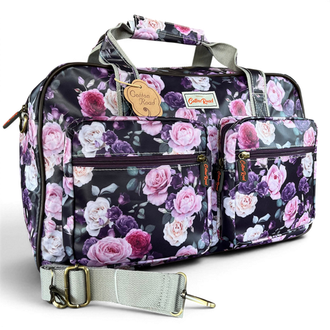 Cotton Road Travel Bag: PURPLE PVC Overnight with ROSE Design