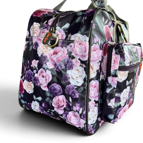 Cotton Road Travel Bag: PURPLE PVC Overnight with ROSE Design