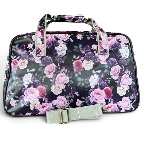 Cotton Road Travel Bag: PURPLE PVC Overnight with ROSE Design
