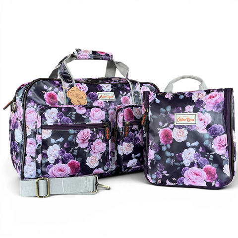 Cotton Road Travel Bag: PURPLE PVC Overnight with ROSES and Matching Vanity Bag