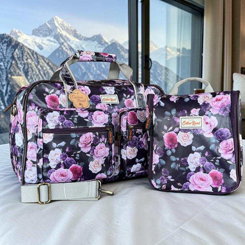 Cotton Road Travel Bag: PURPLE PVC Overnight with ROSES and Matching Vanity Bag