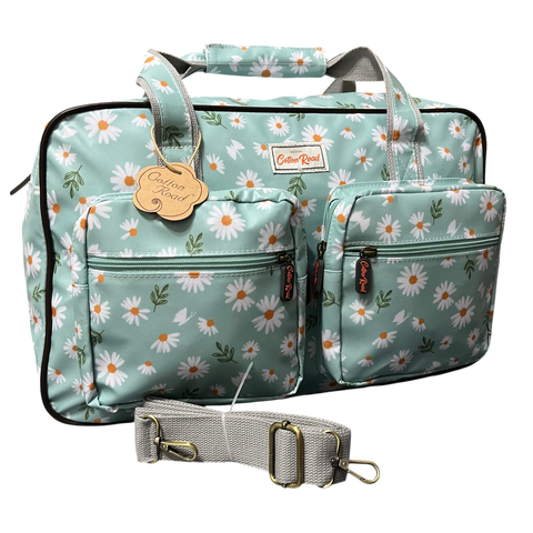 Cotton Road Travel Bag: TURQUOISE DAISIES Print PVC Overnight Bag and Matching Vanity Bag