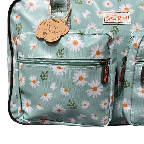 Cotton Road Travel Bag: TURQUOISE DAISIES Print PVC Overnight Bag and Matching Vanity Bag