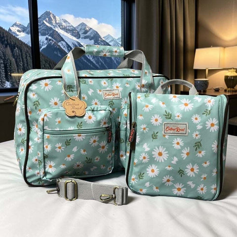 Cotton Road Travel Bag: TURQUOISE DAISIES Print PVC Overnight Bag and Matching Vanity Bag