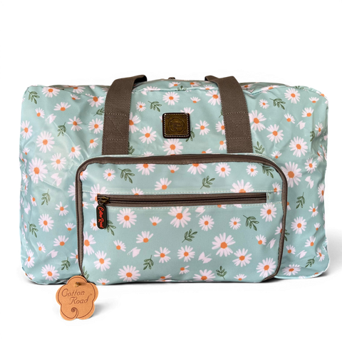 Cotton Road Travel Bag: TURQUOISE FLORAL PVC Foldaway WEEKENDER with DAISIES