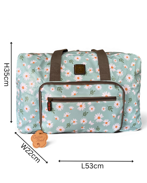 Cotton Road Travel Bag turquoise floral PVC foldaway weekender with daisies and carry handles