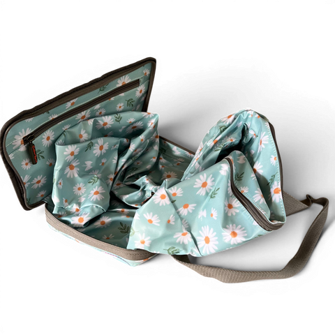 Cotton Road Travel Bag turquoise floral PVC foldaway weekender with daisy print and carry handles
