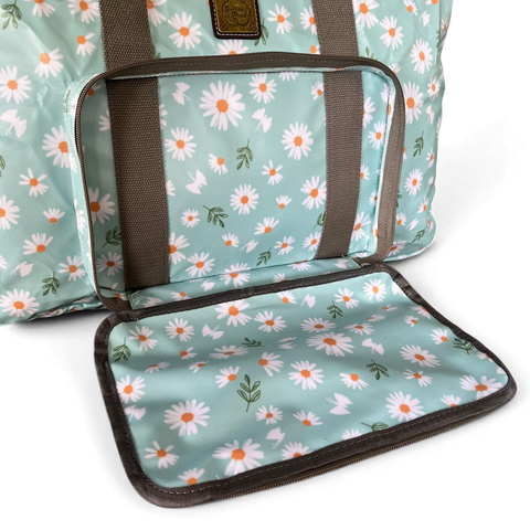 Cotton Road Travel Bag turquoise floral foldaway PVC weekender with daisies and spacious compartments