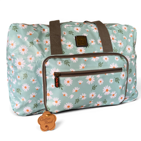 Cotton Road Travel Bag turquoise floral PVC foldaway weekender with daisies and front zip pocket