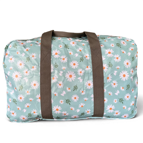 Cotton Road Travel Bag turquoise daisy floral PVC foldaway weekender bag with spacious main compartment and front zip pocket
