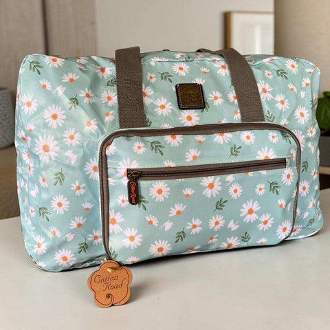 Cotton Road Travel Bag turquoise floral PVC foldaway weekender with daisy print and carry handles