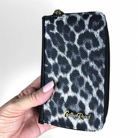 Cotton Road Wallet: BLACK Medium PU Leather Wallet with LEOPARD Print detailing