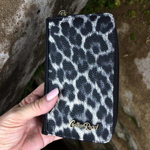Cotton Road Wallet: BLACK Medium PU Leather Wallet with LEOPARD Print detailing