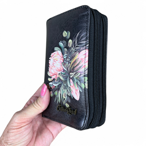 Cotton Road black PU leather sling bag with matching Protea floral wallet set for everyday use