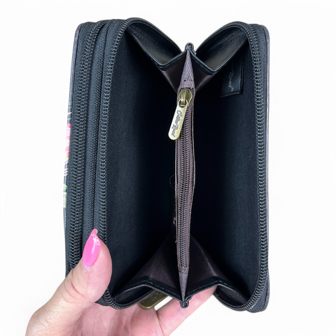Cotton Road black PU leather sling bag with matching Protea floral design wallet set